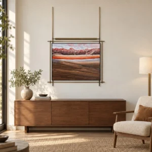 Layered Rock Landscape on Brass Rods, 70 x 100 cm in rust — front view