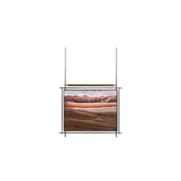 Layered Rock Landscape on Brass Rods, 70 x 100 cm in rust — in a room setting