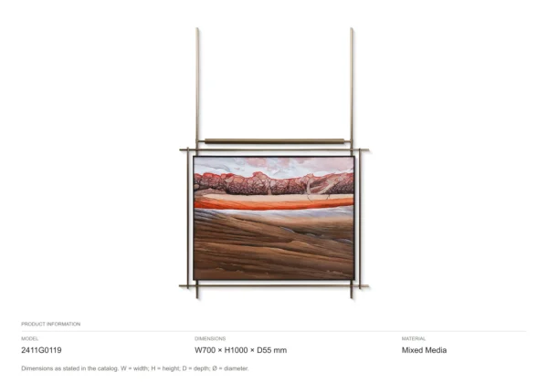 Layered Rock Landscape on Brass Rods, 70 x 100 cm in rust — dimensions
