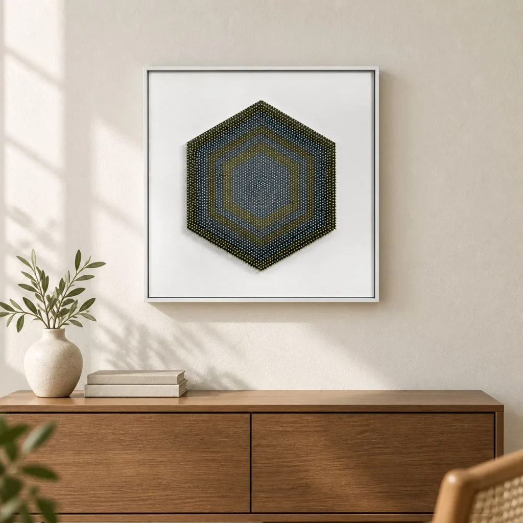Hexagon Bead Mosaic in White Frame, 50 x 50 cm — front view