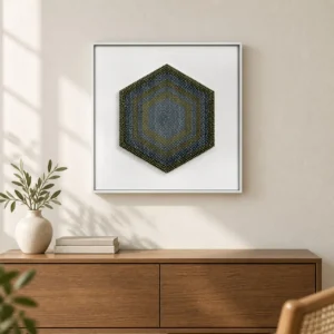 Hexagon Bead Mosaic in White Frame, 50 x 50 cm — front view