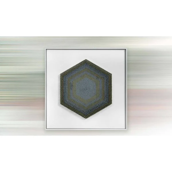 Hexagon Bead Mosaic in White Frame, 50 x 50 cm — in a room setting