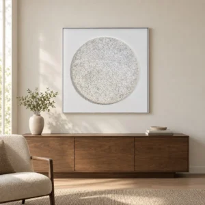 Speckled Grey Moon Relief in White Frame, 100 x 100 cm — front view