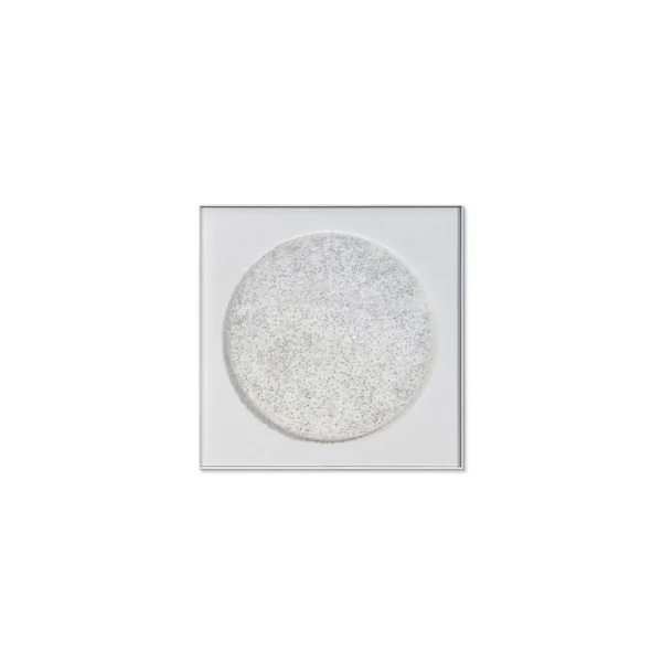 Speckled Grey Moon Relief in White Frame, 100 x 100 cm — in a room setting