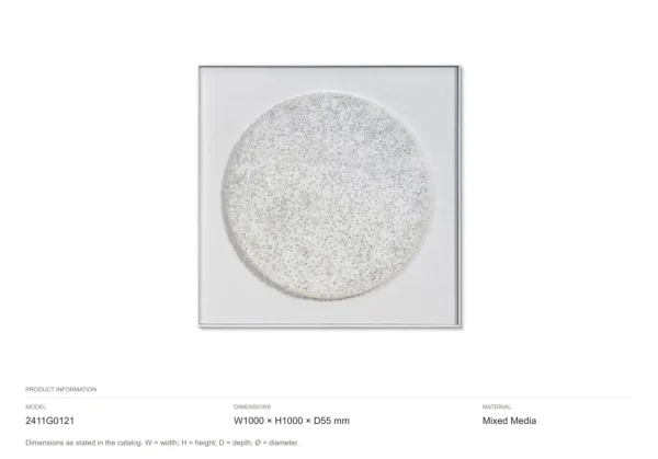 Speckled Grey Moon Relief in White Frame, 100 x 100 cm — dimensions