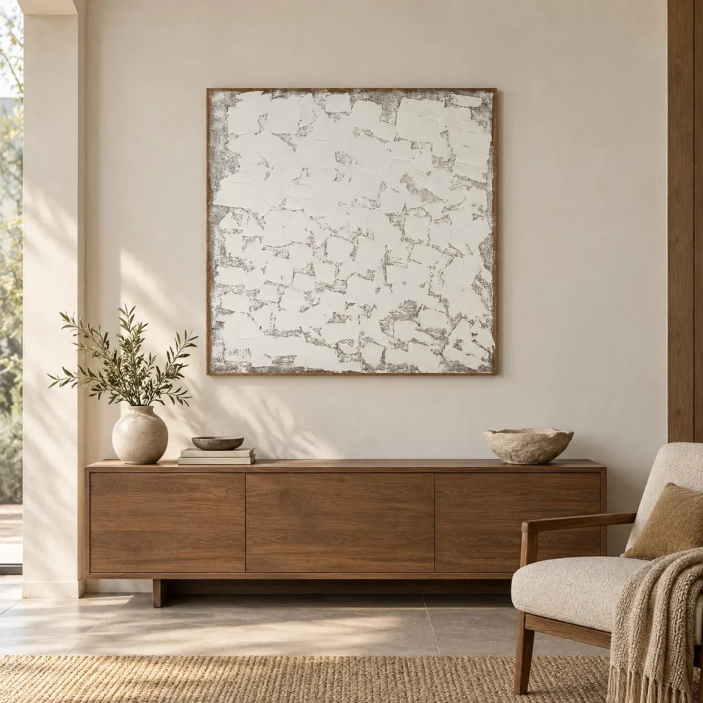 White Crackle Plaster Wall Art, 100 x 100 cm in ivory — front view
