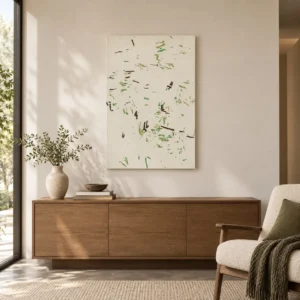 Scattered Green Leaf Marks on Cream Wall Art, 60 x 90 cm in oatmeal — front view