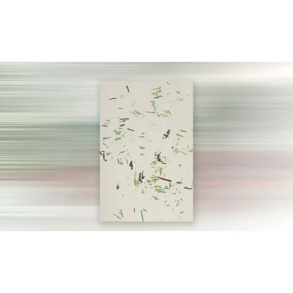 Scattered Green Leaf Marks on Cream Wall Art, 60 x 90 cm in oatmeal — in a room setting