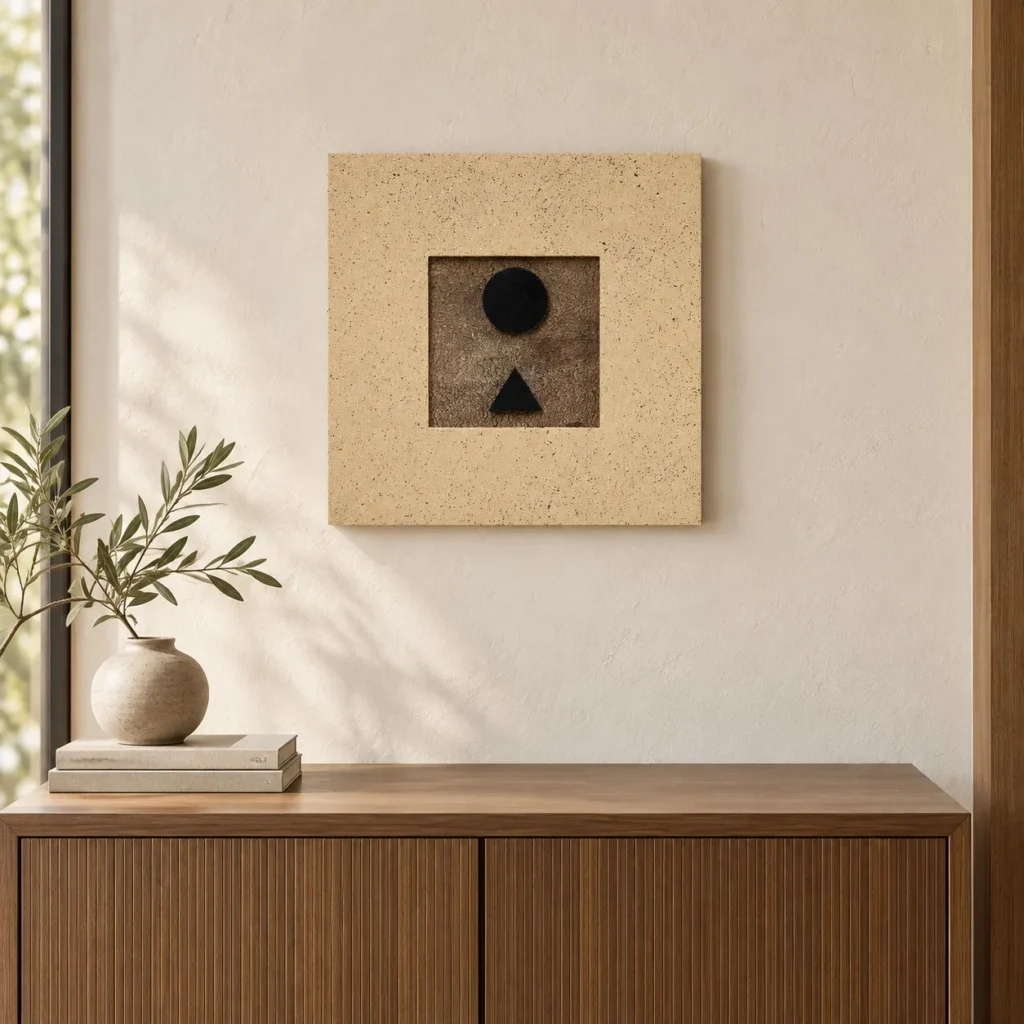 Small Sand Panel with Black Circle and Triangle, 35 x 35 cm in sand — front view