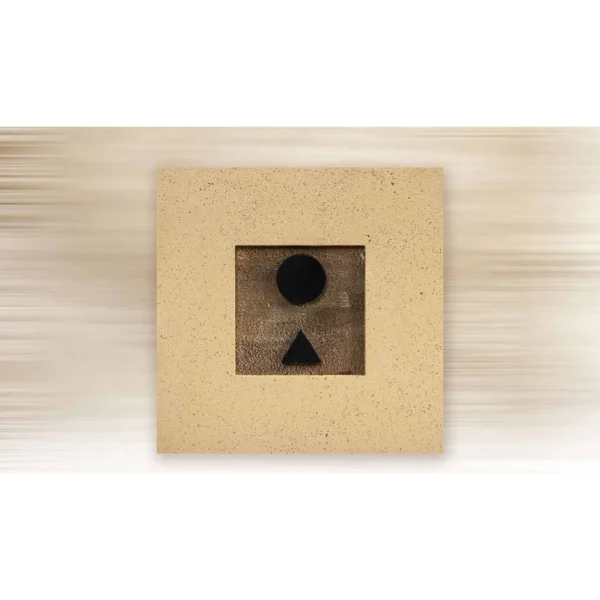 Small Sand Panel with Black Circle and Triangle, 35 x 35 cm in sand — in a room setting