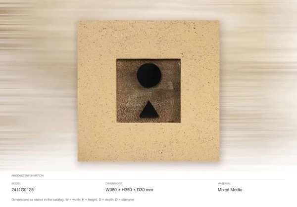 Small Sand Panel with Black Circle and Triangle, 35 x 35 cm in sand — dimensions