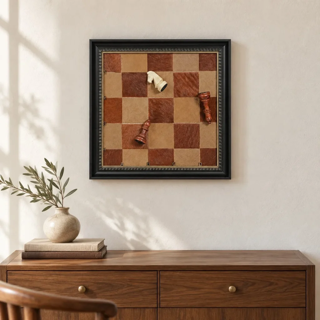 Leather Chessboard with Pieces in Black Frame, 38 x 38 cm — front view
