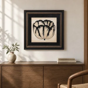 Black Tulip Ink Painting in Ornate Black Frame, 50 x 50 cm — front view