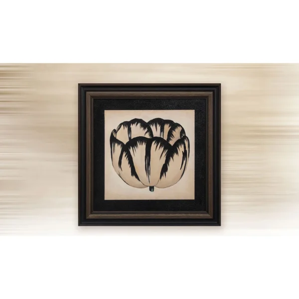 Black Tulip Ink Painting in Ornate Black Frame, 50 x 50 cm — in a room setting