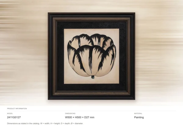 Black Tulip Ink Painting in Ornate Black Frame, 50 x 50 cm — dimensions