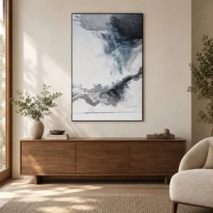 Ink and Ice Abstract Painting in Black Frame, 90 x 135 cm — front view