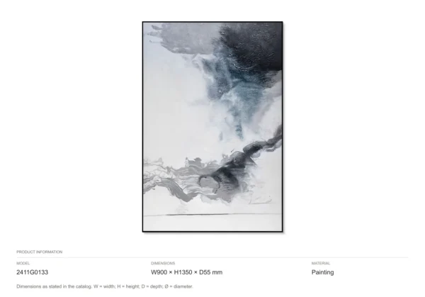 Ink and Ice Abstract Painting in Black Frame, 90 x 135 cm — dimensions