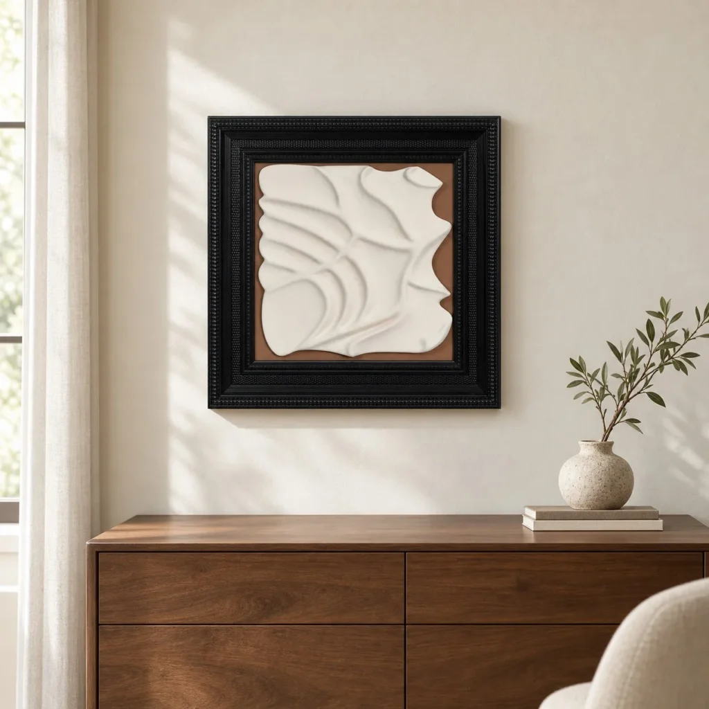 White Plaster Swirl Relief in Black Frame, 45 x 45 cm — front view