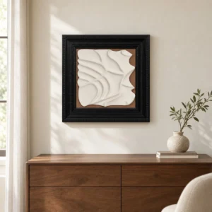 White Plaster Swirl Relief in Black Frame, 45 x 45 cm — front view