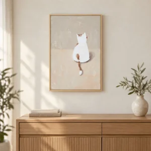 White Cat from Behind Painting in Light Frame, 40 x 60 cm — front view