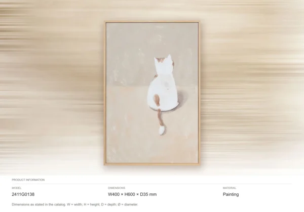 White Cat from Behind Painting in Light Frame, 40 x 60 cm — dimensions