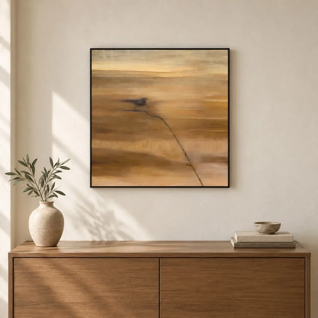 Golden Field with Bird Painting, 45 x 45 cm in mustard — front view