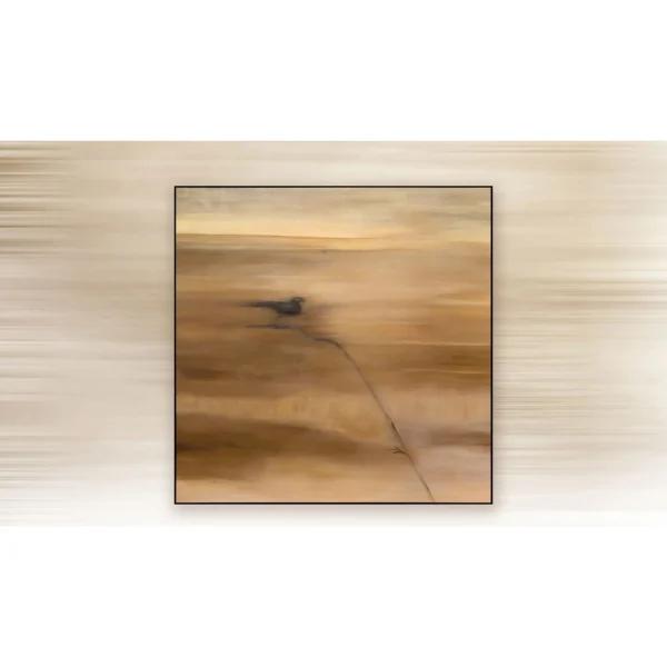 Golden Field with Bird Painting, 45 x 45 cm in mustard — in a room setting