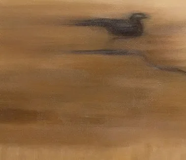 Golden Field with Bird Painting, 45 x 45 cm in mustard — detail