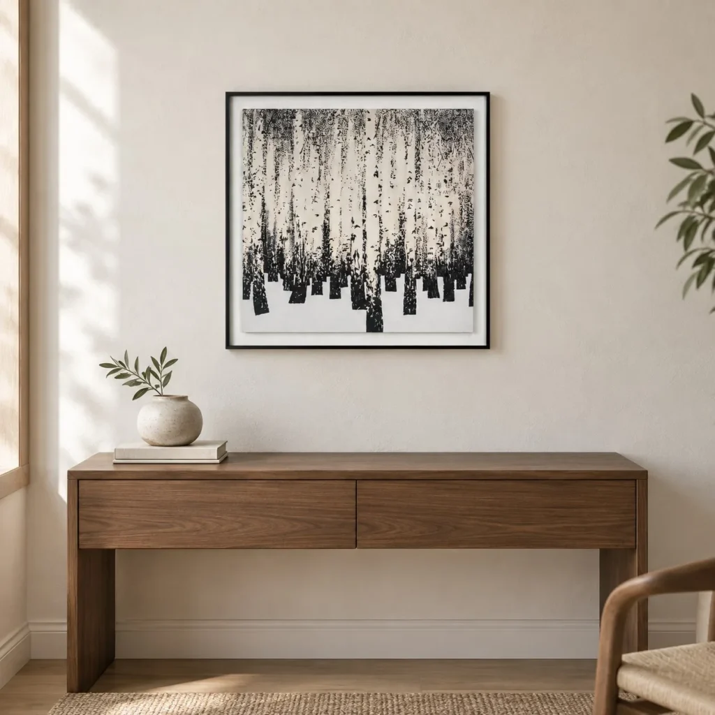 Birch Forest in Black and White Painting in Black Frame, 50 — front view