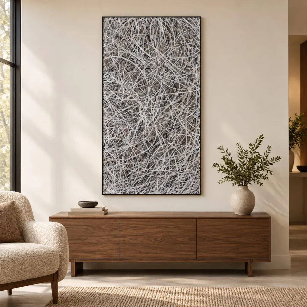 Tall Silver Thread Tangle Wall Art in silver — front view