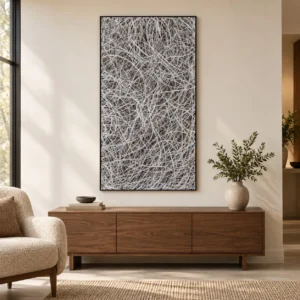 Tall Silver Thread Tangle Wall Art in silver — front view