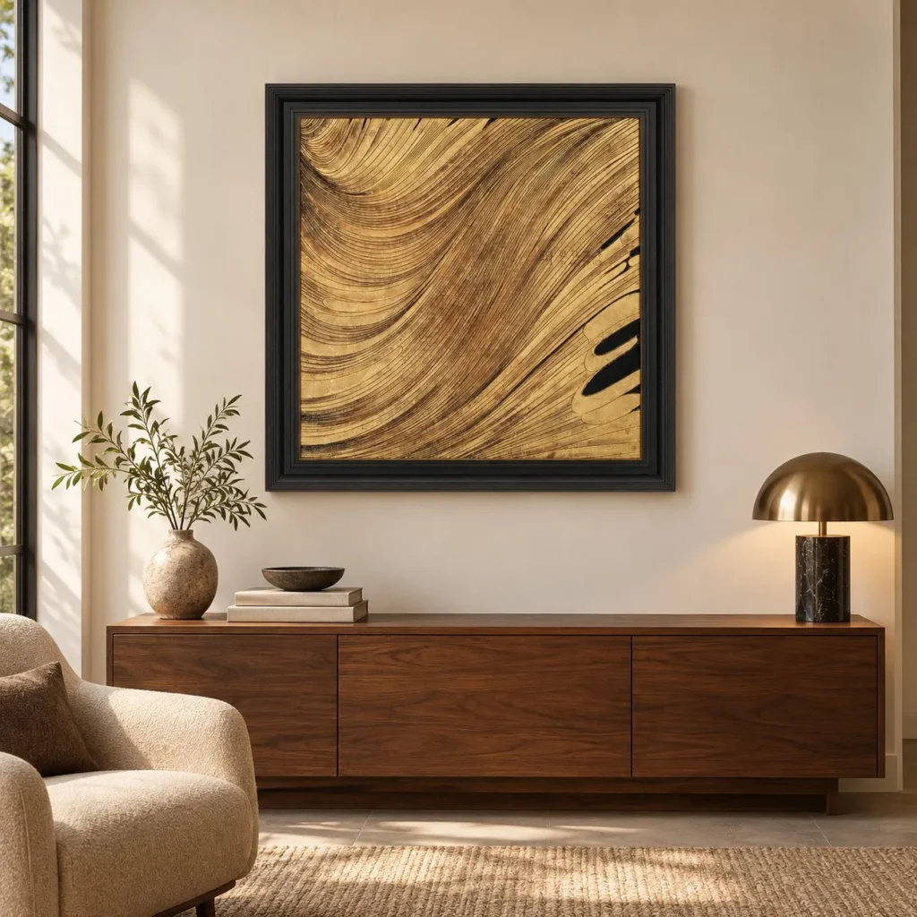 Gold Grain Sweep Relief in Black Frame, 90 x 90 cm — front view