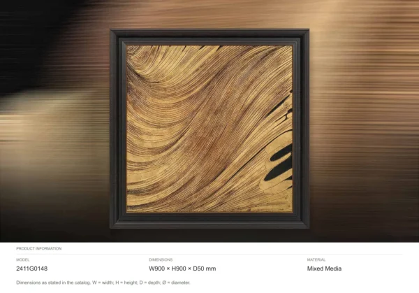 Gold Grain Sweep Relief in Black Frame, 90 x 90 cm — dimensions