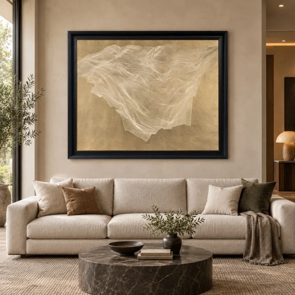 Gold Leaf Veil Painting in Black Frame, 135 x 110 cm — front view