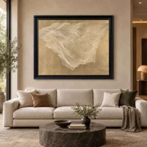 Gold Leaf Veil Painting in Black Frame, 135 x 110 cm — front view