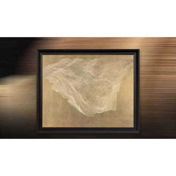 Gold Leaf Veil Painting in Black Frame, 135 x 110 cm — in a room setting