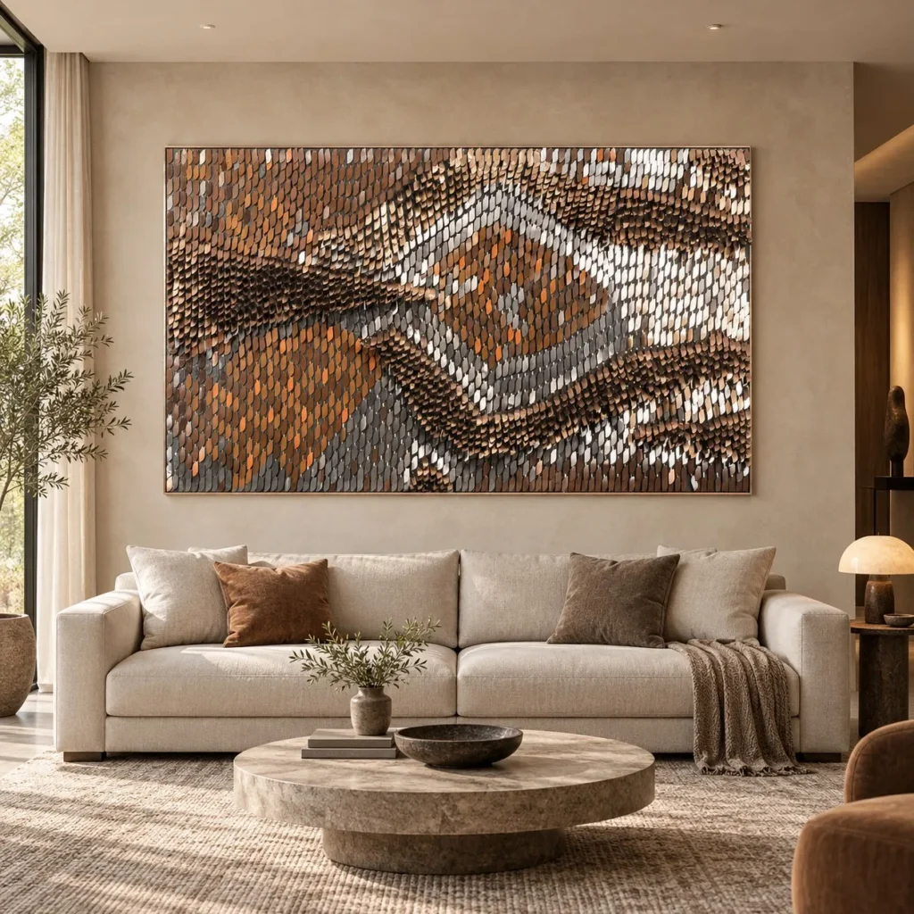 Monumental Copper Scale Relief Wall Art, 268 x 160 cm in bronze — front view