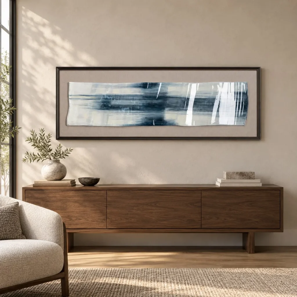 Panoramic Ink Streak Painting in Grey Frame, 125 x 45 cm — front view