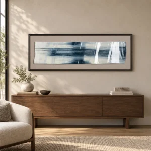 Panoramic Ink Streak Painting in Grey Frame, 125 x 45 cm — front view