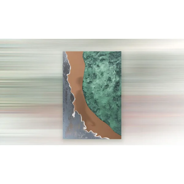 Malachite Coast on Copper Textured Wall Art, 80 x 120 cm in olive — in a room setting