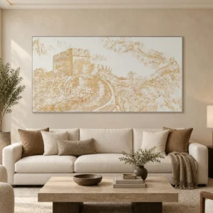 Wide Gold Great Wall Line Drawing, 200 x 100 cm in brushed brass — front view