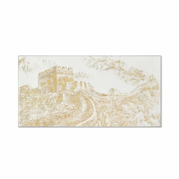 Wide Gold Great Wall Line Drawing, 200 x 100 cm in brushed brass — in a room setting