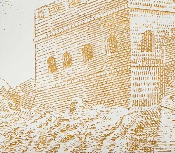 Wide Gold Great Wall Line Drawing, 200 x 100 cm in brushed brass — detail