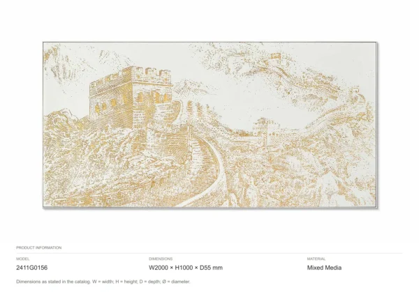 Wide Gold Great Wall Line Drawing, 200 x 100 cm in brushed brass — dimensions