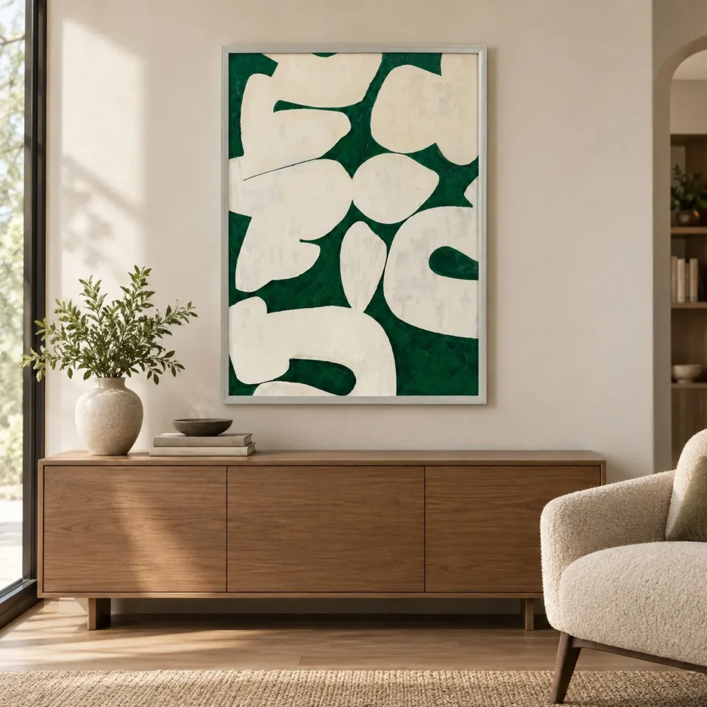Cream Shapes on Forest Green Painting in Light Frame, 70 x — front view