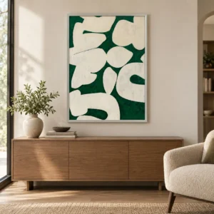 Cream Shapes on Forest Green Painting in Light Frame, 70 x — front view
