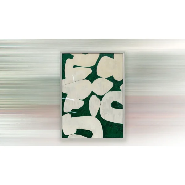 Cream Shapes on Forest Green Painting in Light Frame, 70 x — in a room setting