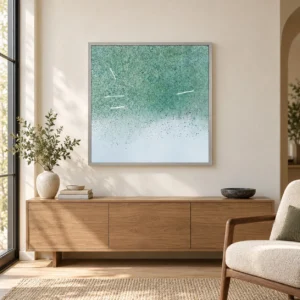Green Speckle Fade Painting in Light Frame, 80 x 80 cm — front view