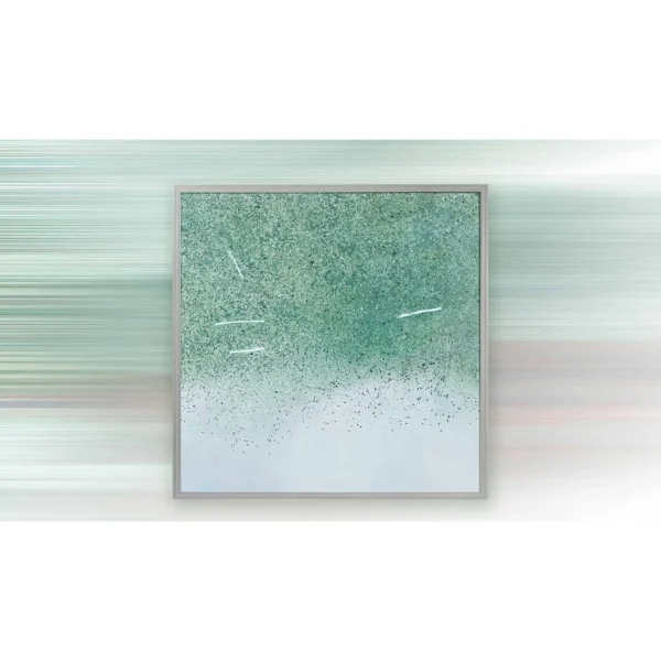 Green Speckle Fade Painting in Light Frame, 80 x 80 cm — in a room setting