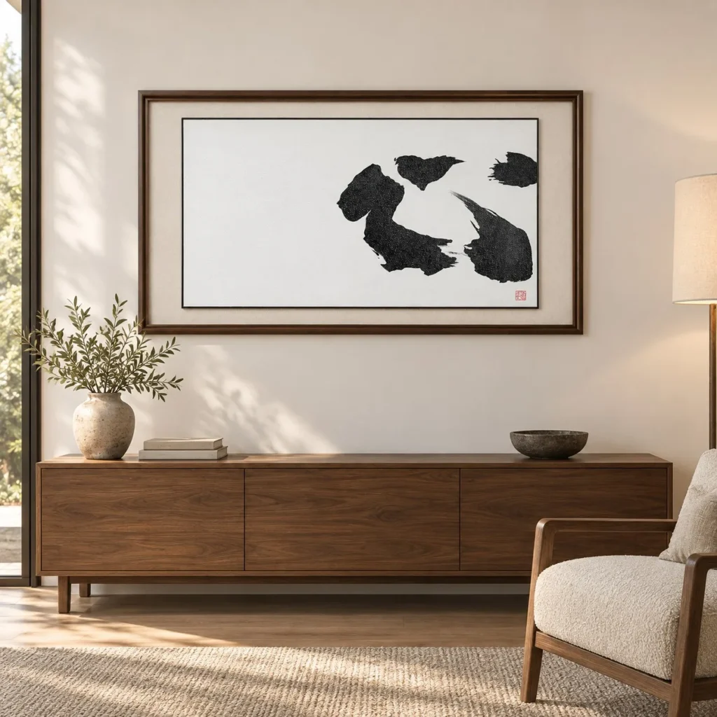 Wide Ink Brushstroke Art in Walnut Frame, 130 x 70 cm — front view
